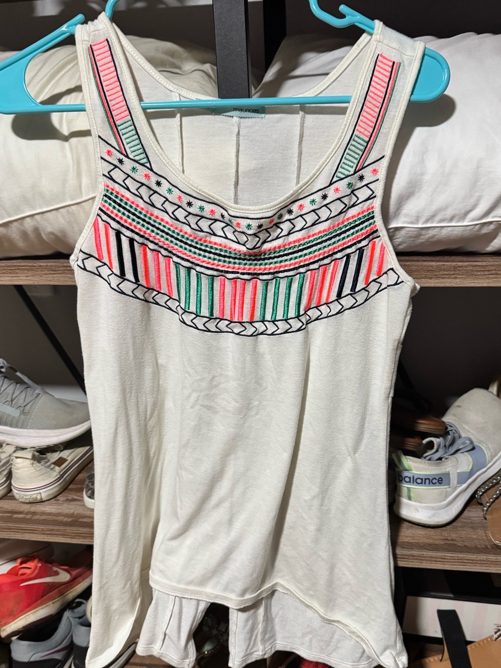Maurices Cream Tank Top with Coral Pink & Mint Embroidery
